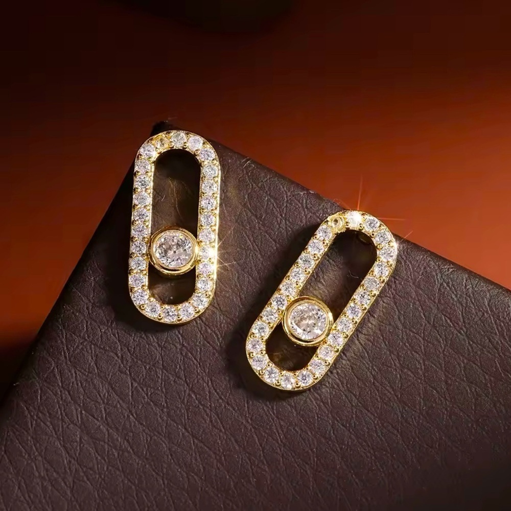 14K Gold Geometrical Paris Inspired Link Paperclip Diamond Inlay Earrings
